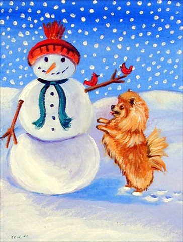 Snowman with Pomeranian House Size Canvas Flag - 28 x 40 in.