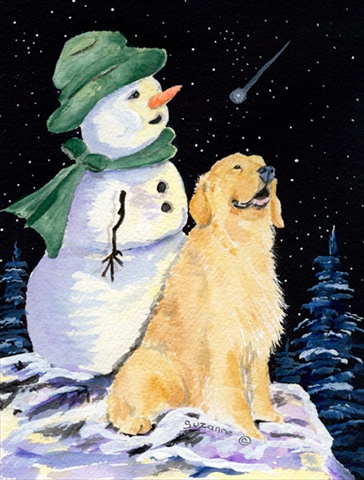 28 x 40 in. Golden Retriever with Snowman in Green Hat House Size Canvas Flag