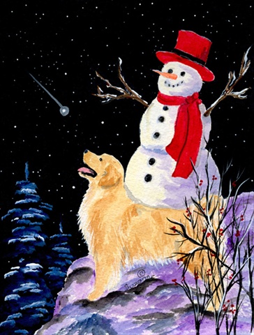 28 x 40 in. Golden Retriever Flag with Snowman in Red Hat House Size Canvas Flag