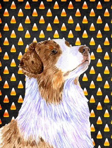 Australian Shepherd Candy Corn Halloween Portrait Garden Size Flag