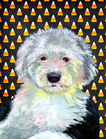 LH9046GF 15 x 15 in. Old English Sheepdog Candy Corn Halloween Portrait Garden Size Flag