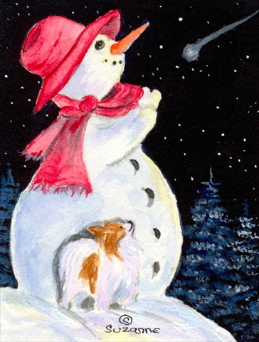 Snowman with Papillon House Size Canvas Flag