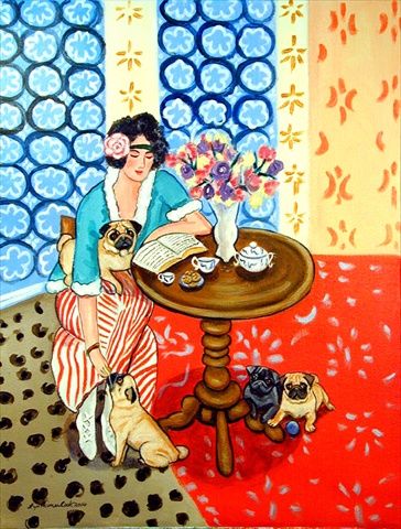 Lady with her Pug House Size Canvas Flag