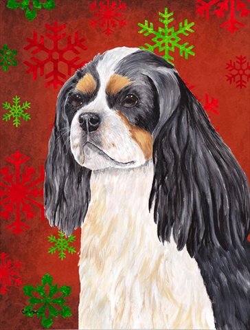 Cavalier Spaniel Red Green Snowflakes Holiday Christmas House Size Canvas Flag