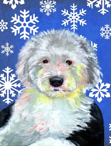 LH9306GF 11 x 15 In. Old English Sheepdog Winter Snowflakes Holiday Flag- Garden Size