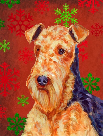 Airedale Red Green Snowflakes Christmas Flag Canvas- House Size
