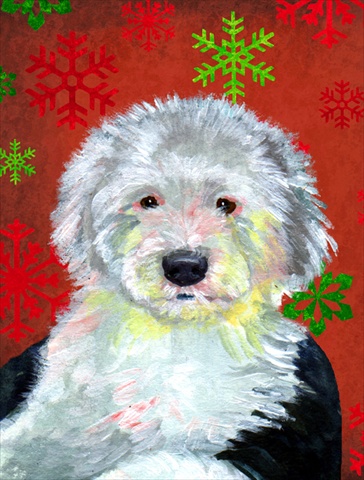 LH9351CHF 28 x 40 In. Old English Sheepdog Red Snowflakes Holiday Christmas Flag Canvas- House Size