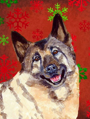 Norwegian Elkhound Red Snowflakes Holiday Christmas Flag Canvas- House Size