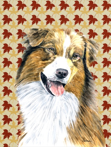 Australian Shepherd Fall Leaves Portrait Flag- Garden Size