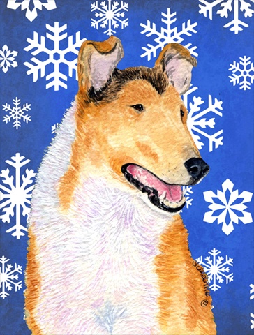 Picture of Carolines Treasures SS4608CHF 28 x 40 In. Collie Smooth Winter Snowflakes Holiday Flag Canvas- House Size