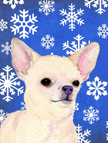 Picture of Carolines Treasures SS4610CHF 28 x 40 In. Chihuahua Winter Snowflakes Holiday Flag Canvas- House Size