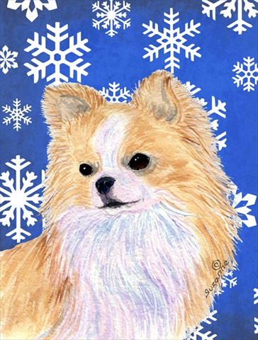 Picture of Carolines Treasures SS4611CHF 28 x 40 In. Chihuahua Winter Snowflakes Holiday Flag Canvas- House Size
