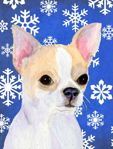 Picture of Carolines Treasures SS4612CHF 28 x 40 In. Chihuahua Winter Snowflakes Holiday Flag Canvas- House Size