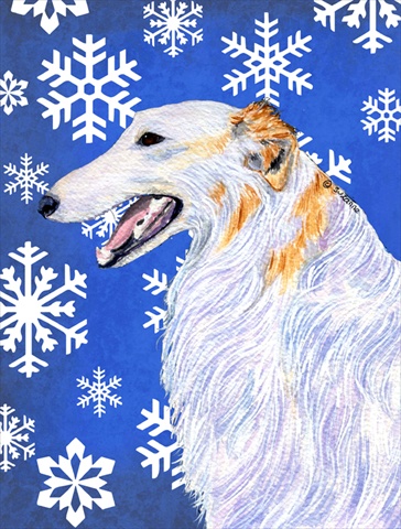 Borzoi Winter Snowflakes Holiday Flag- Garden Size