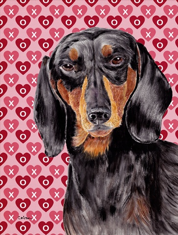 Dachshund Black Tan Hearts Love Valentines Day Flag Canvas- House Size