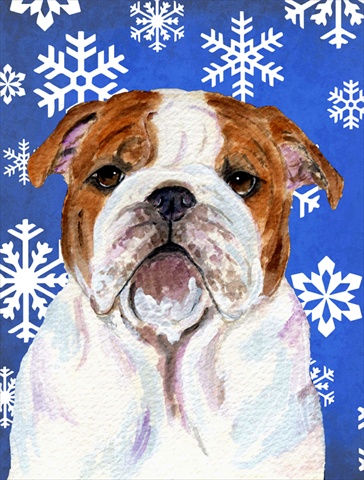 Picture of Carolines Treasures SS4622CHF 28 x 40 In. Bulldog English Winter Snowflakes Holiday Flag Canvas- House Size