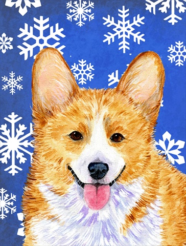 Picture of Carolines Treasures SS4624CHF 28 x 40 In. Corgi Winter Snowflakes Holiday Flag Canvas- House Size
