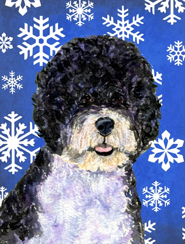 Picture of Carolines Treasures SS4628CHF 28 x 40 In. Portuguese Water Dog Winter Snowflakes Holiday Flag Canvas- House Size