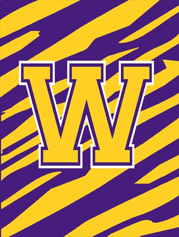 28 x 40 in. Tiger Stripe Purple Gold Letter W Monogram Initial Flag House Size