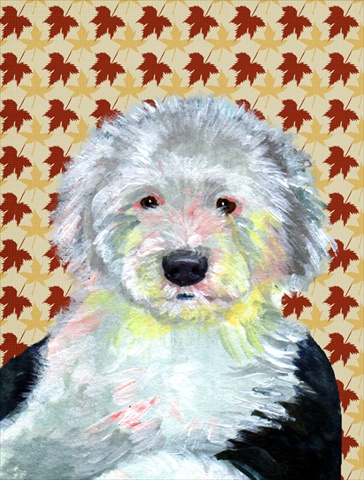 LH9126CHF 28 x 40 in. Old English Sheepdog Fall Leaves Portrait Flag Canvas House Size