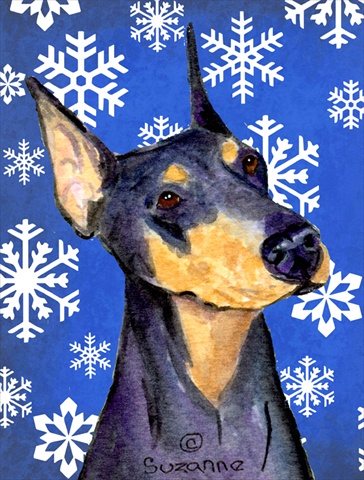 Doberman Winter Snowflakes Holiday Flag Canvas House Size