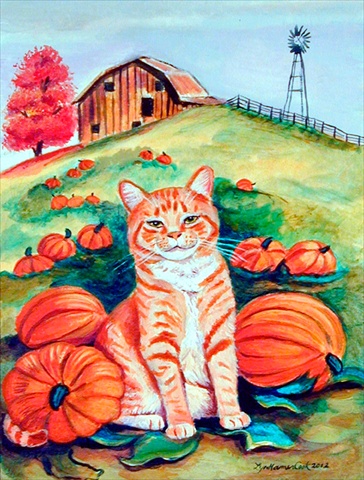 Tabby Cat In The Pumpkins Flag Canvas House Size