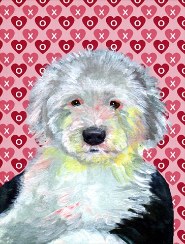 LH9171CHF 28 x 40 in. Old English Sheepdog Hearts Love And Valentines Day Flag Canvas House Size