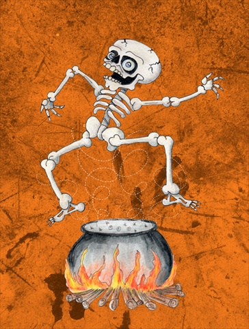 Skeleton jumping from Witches Caldron Halloween Flag Garden Size