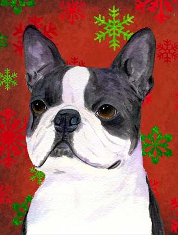 Boston Terrier Red Green Snowflakes Christmas Flag Garden Size