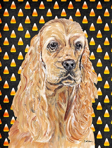 SC9528CHF Cocker Spaniel Halloween Candy Corn Flag Canvas House Size