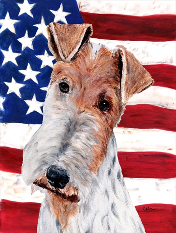 Wire Fox Terrier with American Flag USA Flag Garden Size