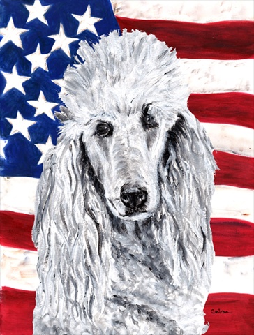 White Standard Poodle with American Flag USA Flag Garden Size
