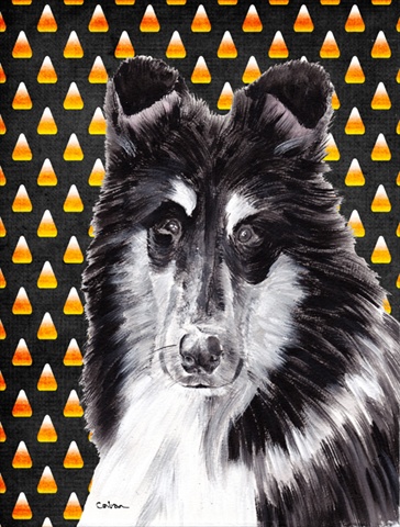 Black and White Collie Candy Corn Halloween Flag Garden Size