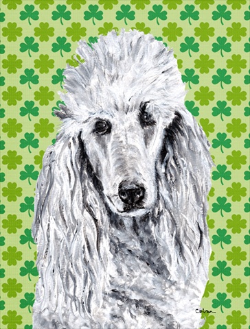 SC9727GF White Standard Poodle Lucky Shamrock St. Patricks Day Flag Garden Size