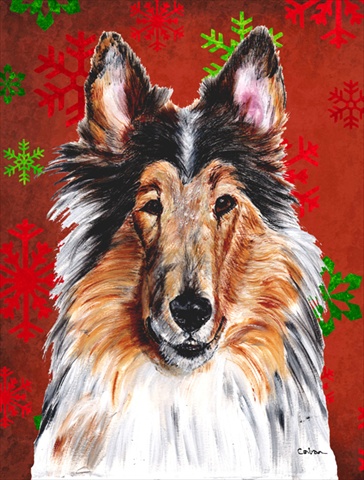 Collie Red Snowflakes Holiday Flag Garden Size
