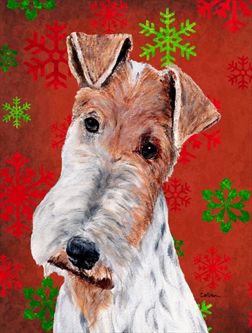 Wire Fox Terrier Red Snowflakes Holiday Flag Garden Size