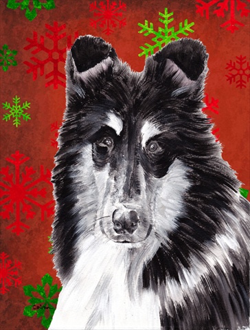 SC9750GF Black and White Collie Red Snowflakes Holiday Flag Garden Size