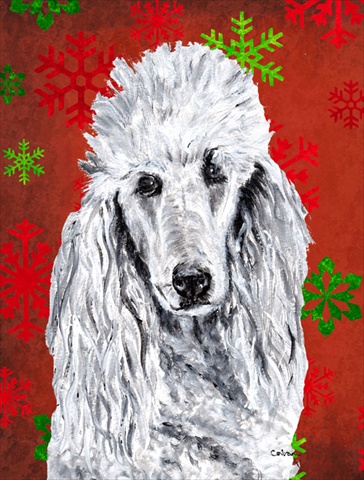 White Standard Poodle Red Snowflakes Holiday Flag Garden Size
