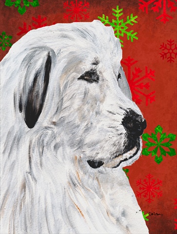 Great Pyrenees Red Snowflakes Holiday Flag Garden Size