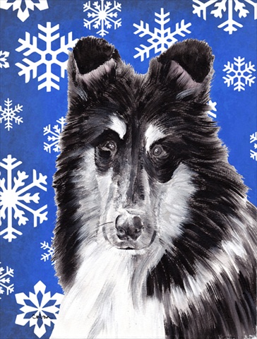 Black and White Collie Winter Snowflakes Flag Garden Size
