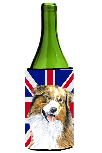 Australian Shepherd With English Union Jack British Flag Wine bottle sleeve Hugger - 24 Oz.