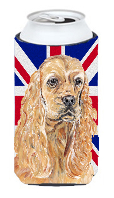 Buff Cocker Spaniel With Engish Union Jack British Flag Tall Boy bottle sleeve Hugger - 22 To 24 Oz.