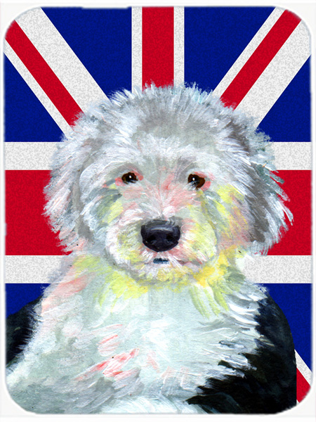 LH9497LCB Old English Sheepdog With English Union Jack British Flag Glass Cutting Board - Large