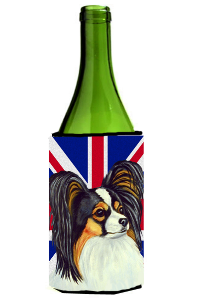 Papillon With English Union Jack British Flag Wine bottle sleeve Hugger - 24 Oz.