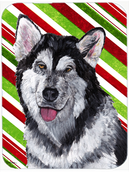 Alaskan Malamute Candy Cane Holiday Christmas Glass Cutting Board - Large