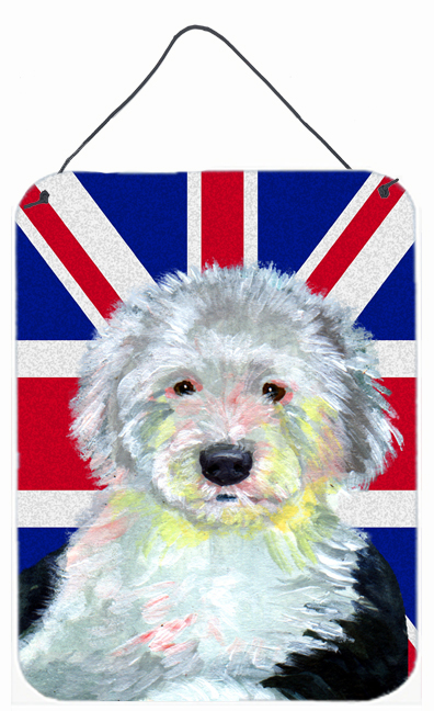 LH9497DS1216 Old English Sheepdog With English Union Jack British Flag Aluminium Metal Wall Or Door Hanging Prints