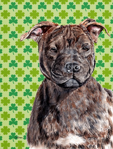 Picture of Carolines Treasures SC9729CHF Staffordshire Bull Terrier Staffie Lucky Shamrock St. Patricks Day Flag Canvas House Size