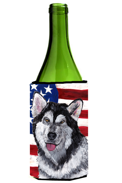SC9497LITERK Alaskan Malamute USA Patriotic American Flag Wine bottle sleeve Hugger - 24 Oz.