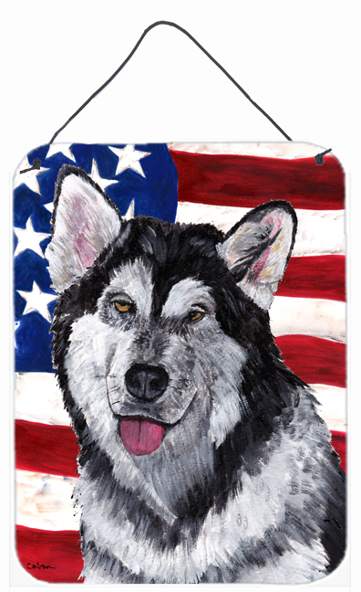 SC9497DS1216 Alaskan Malamute USA Patriotic American Flag Aluminum Metal Wall Or Door Hanging Prints
