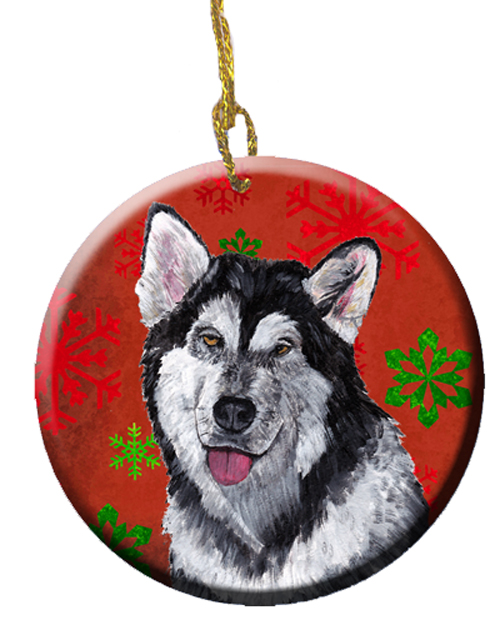 Alaskan Malamute Red Snowflakes Holiday Christmas Ceramic Ornament